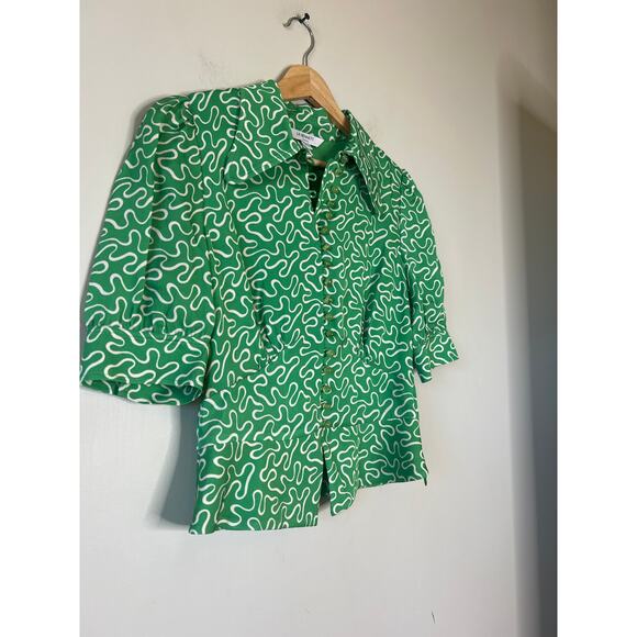 NEW LK Bennett Esme Ribbon Print Collared Short Sleeve Woven Top Green Size: 4 - Picture 3 of 8